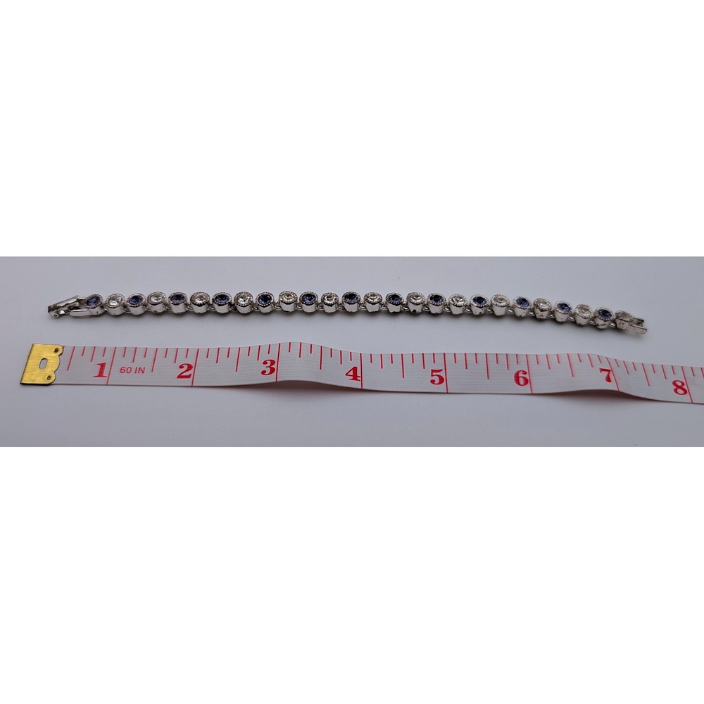 Silver Tone Purple Clear CZ Bezel Set Tennis Bracelet 7.5 Inch Milgrain Edge